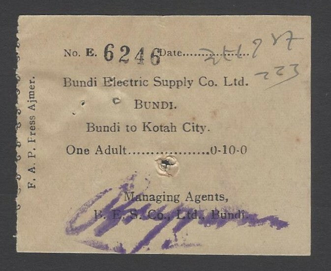 AOPIMT India 1941 Bundi Electric Supply Co. bus ticket Bundi to Kotah