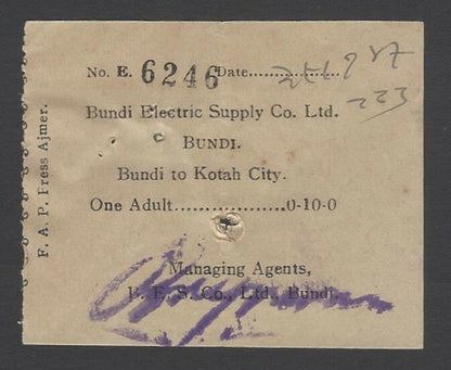 AOPIMT India 1941 Bundi Electric Supply Co. bus ticket Bundi to Kotah
