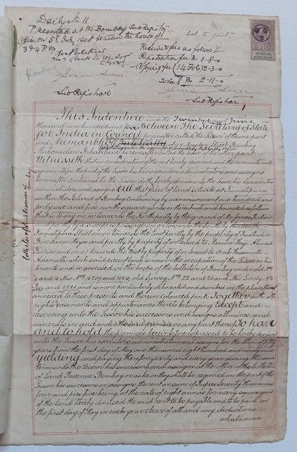 AOP India Special Adhesive KEdVII 1R on 1904 indenture & map