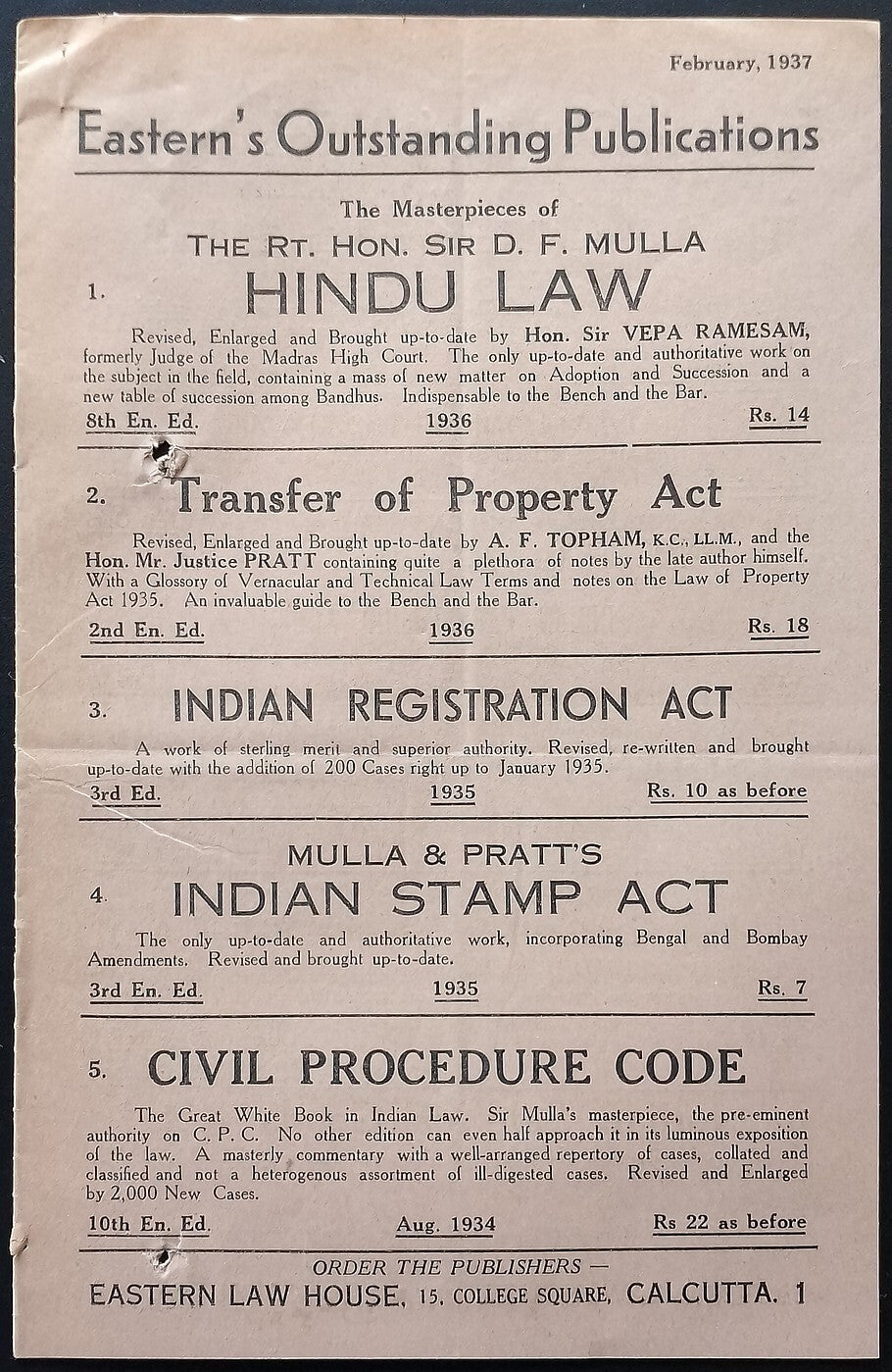 AOP India Eastern Law House, Calcutta Feb 1937 Book List