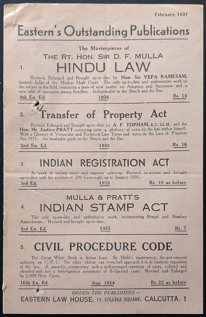AOP India Eastern Law House, Calcutta Feb 1937 Book List