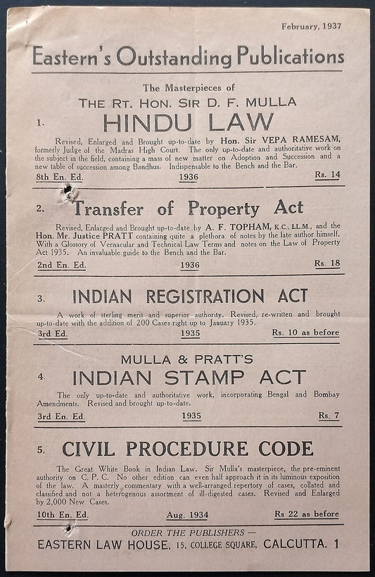 AOP India Eastern Law House, Calcutta Feb 1937 Book List