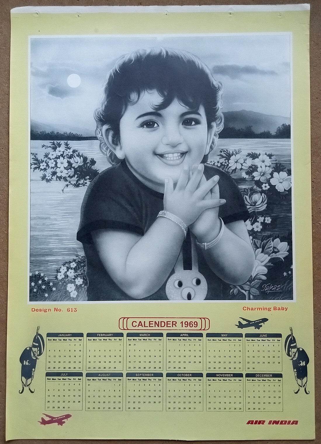AIR INDIA 1969 poster calender 613 - CHARMING BABY - ARTIST : YAPAS - R