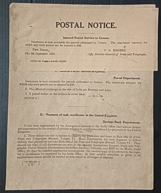India 1929 POSTAL NOTICE + CIRCULAR Insured Parcel Service to Greece