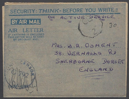 AOP India WW2 IAFF H.M. FORCES air letter with GG/2 censor to UK 1945