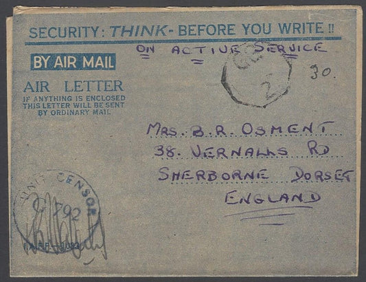 AOP India WW2 IAFF H.M. FORCES air letter with GG/2 censor to UK 1945
