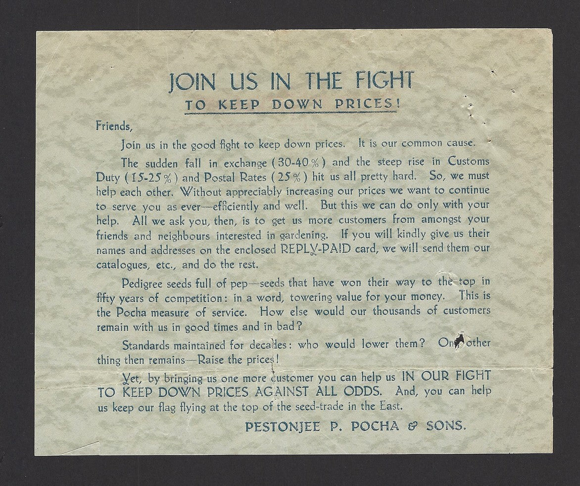 India Pestonjee Poocha Seed Merchants 1933 letter & appeal