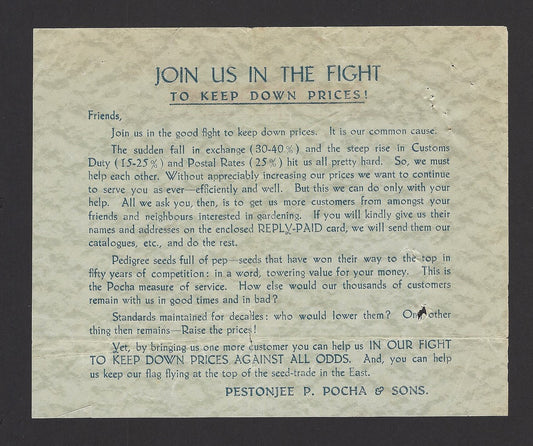 India Pestonjee Poocha Seed Merchants 1933 letter & appeal