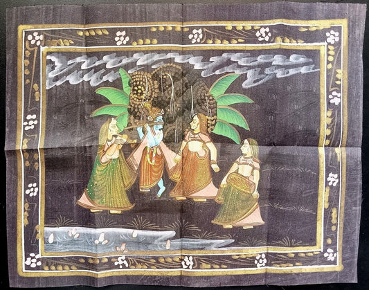 India vintage hand painting on cloth RADHA & KRISHNA 9 x 12 inches