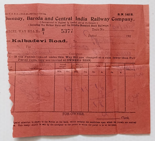 (AOP) India BB&CI Bombay Baroda & Central India Railway 1920s waybill
