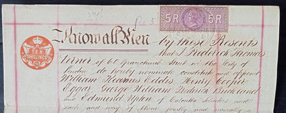 India 1896 QV 5R Special Adhesive revenue on PoA wi GB 10s impressed revenue zaz