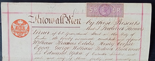 India 1896 QV 5R Special Adhesive revenue on PoA wi GB 10s impressed revenue zaz