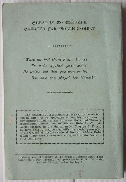 India Manual of Athletic Competitions Track & Field by Pardivala 1955 SC 143pgs