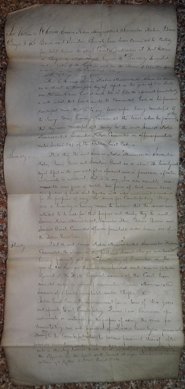 India 1910 parchment animal skin Court doc Charge of using forged King’s coins Ӝ