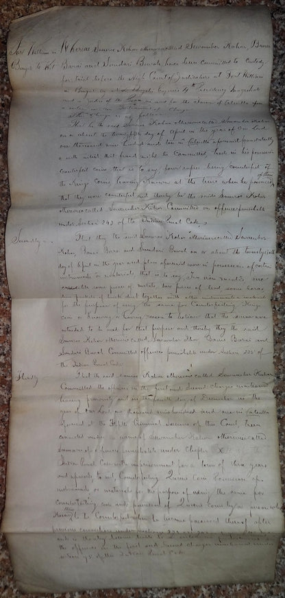 India 1910 parchment animal skin Court doc Charge of using forged King’s coins Ӝ