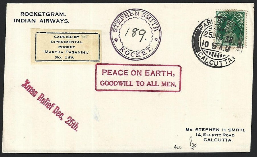India ROCKET POST 1938 Carried by XMas Relief Rocket MARTHA PAGANINI