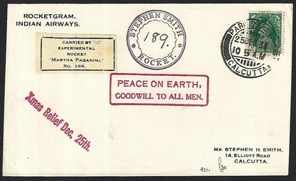 India ROCKET POST 1938 Carried by XMas Relief Rocket MARTHA PAGANINI
