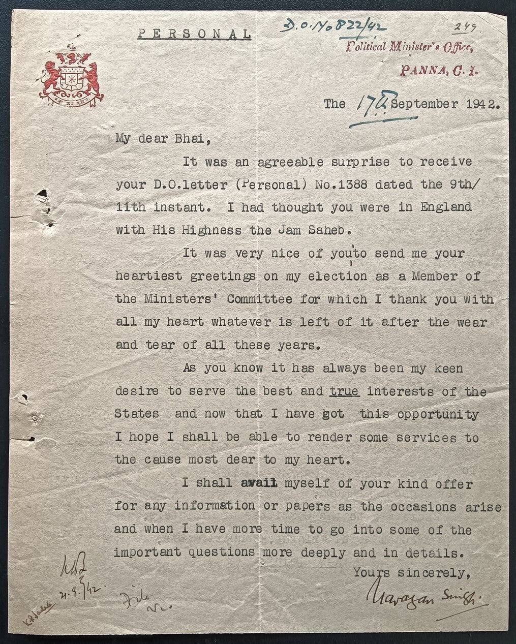 India 1942 crested letter POLITICAL MINISTER'S OFFICE / PANNA STATE