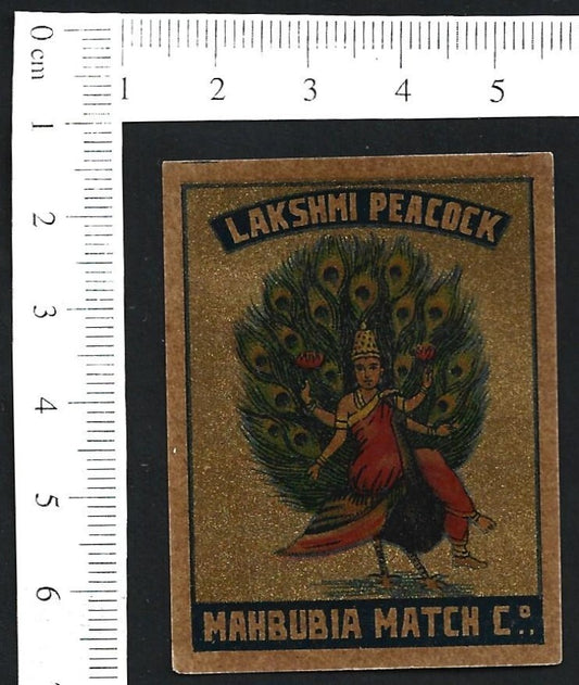 India vintage 1940s golden matchbox label LAKSHMI PEACOCK