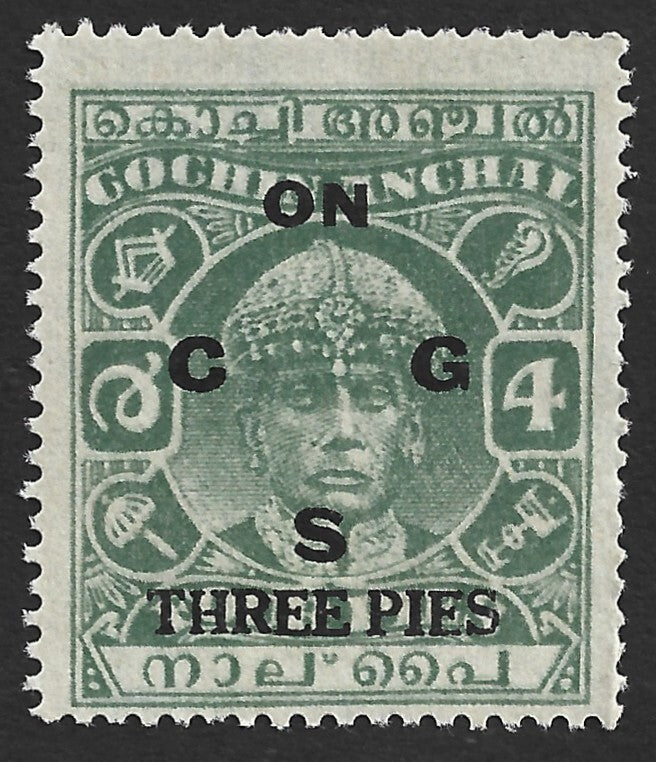 India COCHIN STATE 1942-3 3p on 4p green NO GUM SG O62 £75
