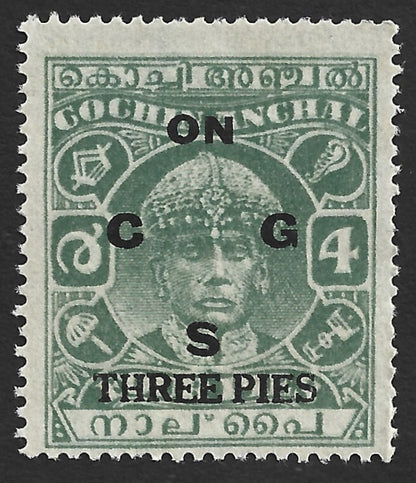 India COCHIN STATE 1942-3 3p on 4p green NO GUM SG O62 £75