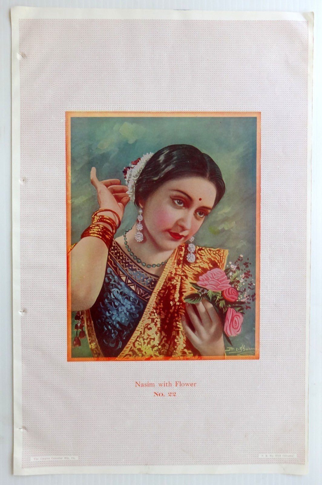 India 1951 Calendar sample poster NASIM WITH FLOWER Naseem Banu Bollywood 11x18"