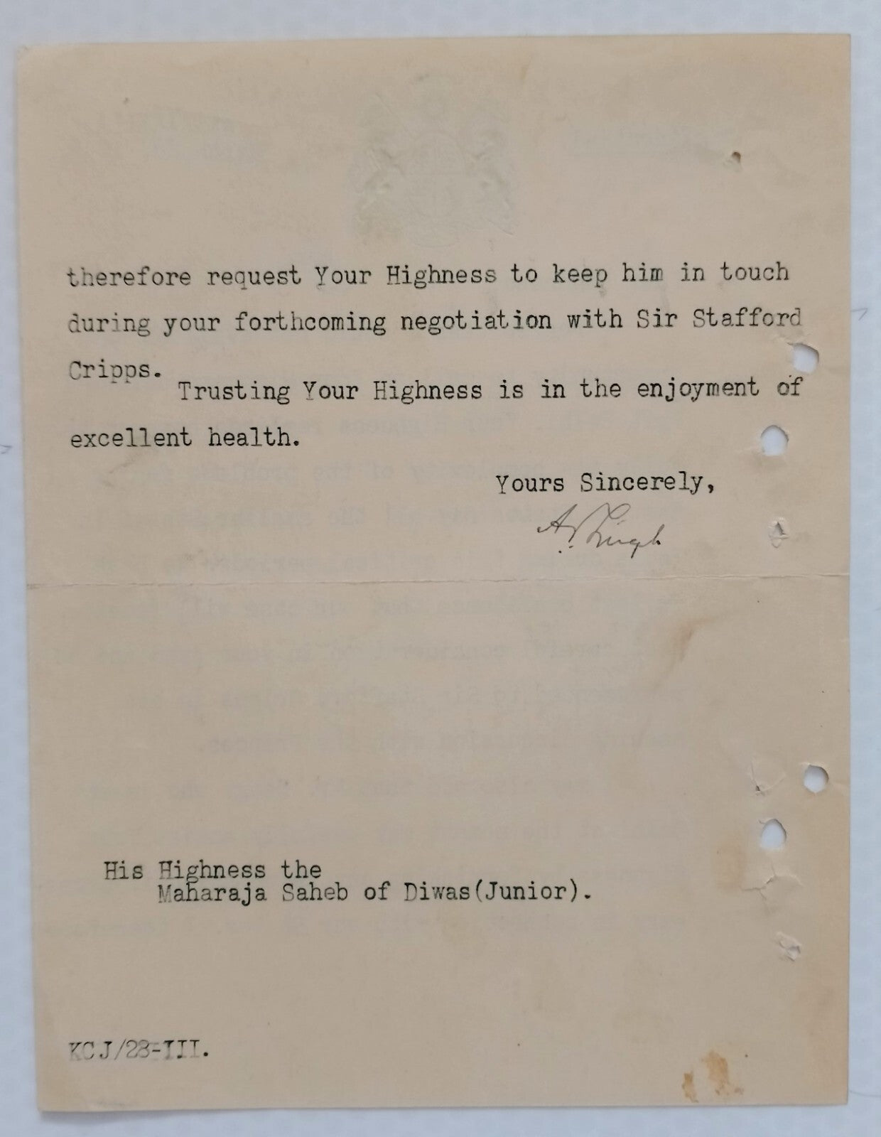 Seraikela State India 1942 crested letter signed Raja Aditya Pratap Singh