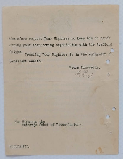 Seraikela State India 1942 crested letter signed Raja Aditya Pratap Singh