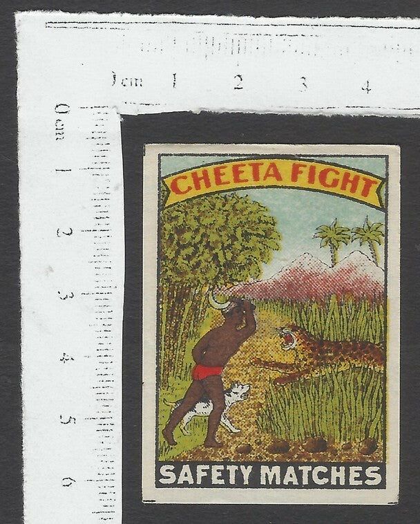 AOP India vintage matchbox label CHEETA FIGHT