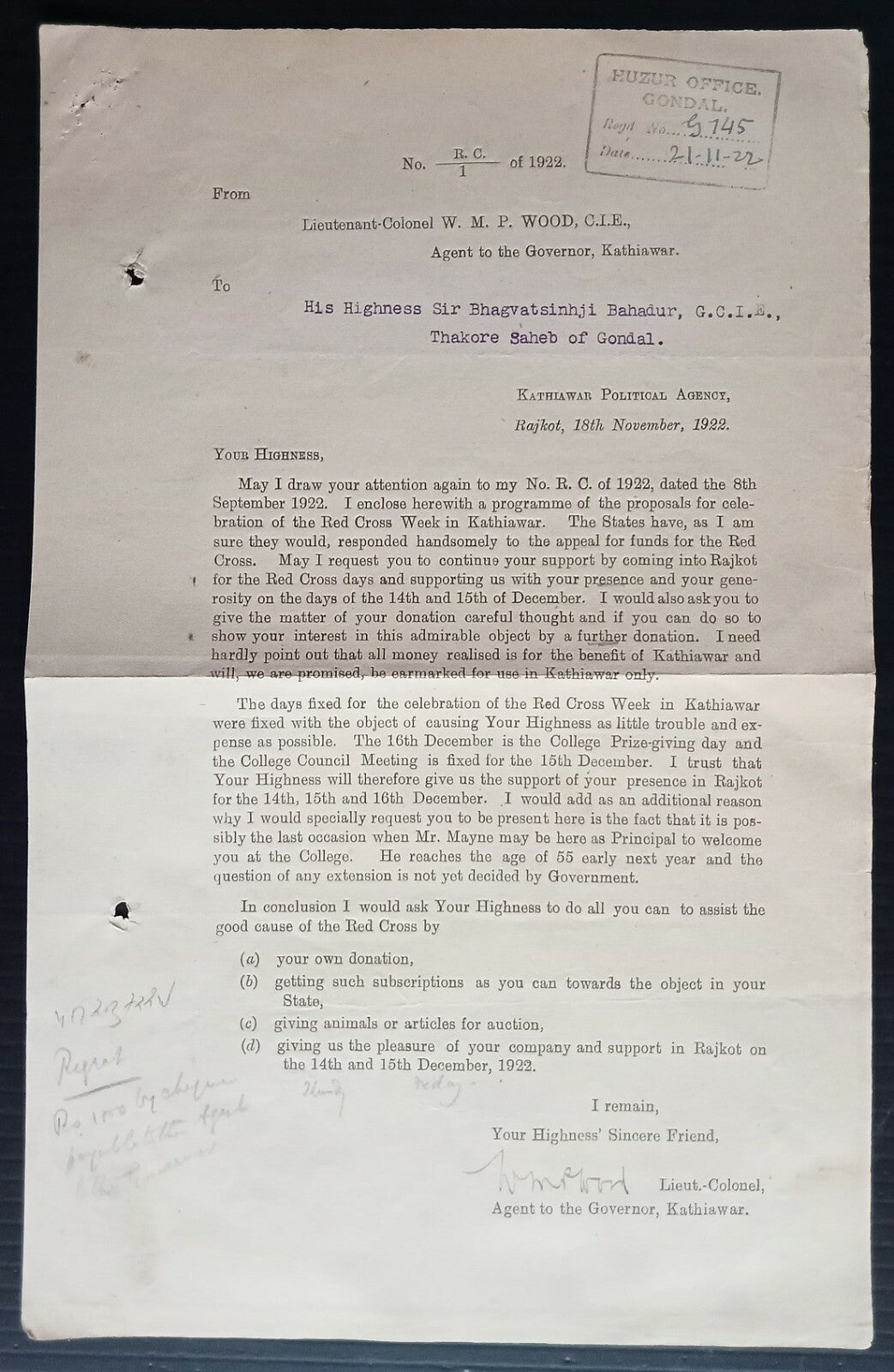 AOP India 1922 Red Cross Week, Kathiawar appeal to the Maharaja