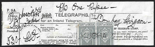 (AOP) India 1880 telegraph receipt used DILKUSHA