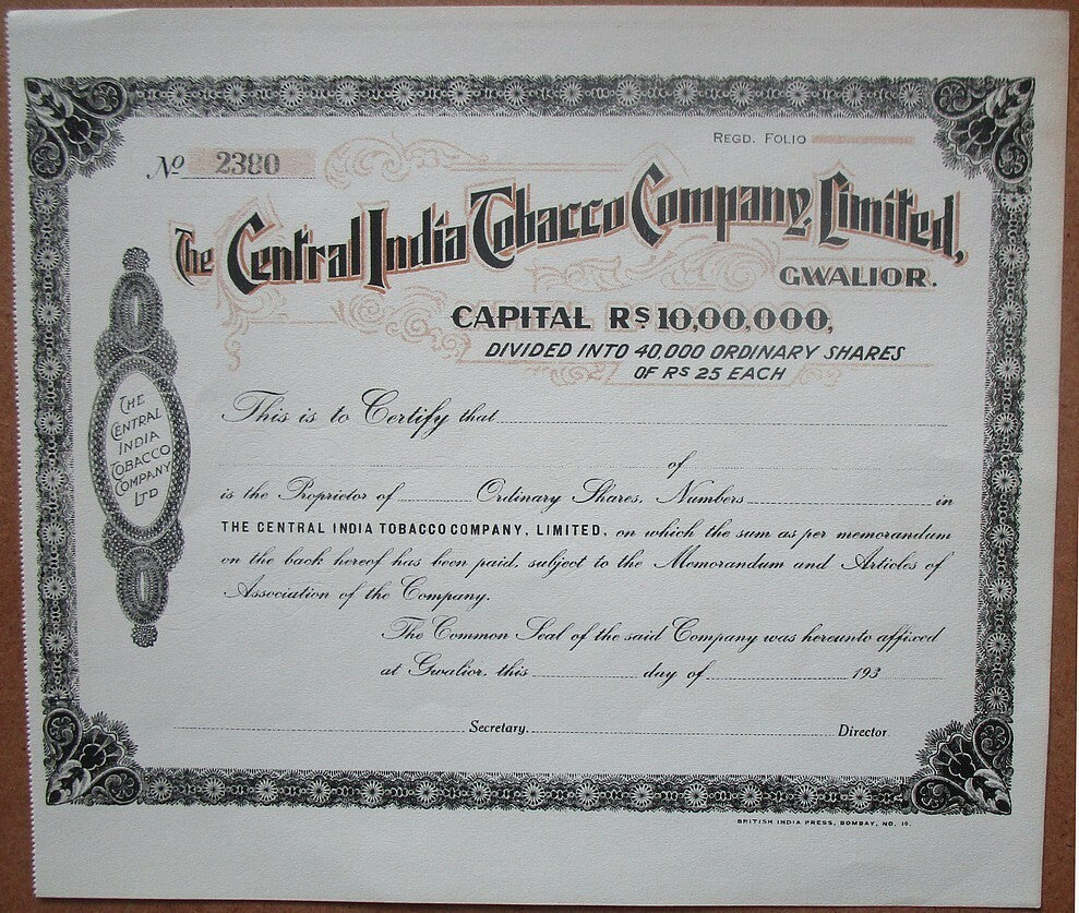 India The Central India Tobacco Co Ltd 1930s unused share certificate
