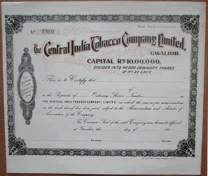 India The Central India Tobacco Co Ltd 1930s unused share certificate