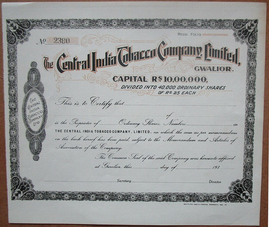 India The Central India Tobacco Co Ltd 1930s unused share certificate
