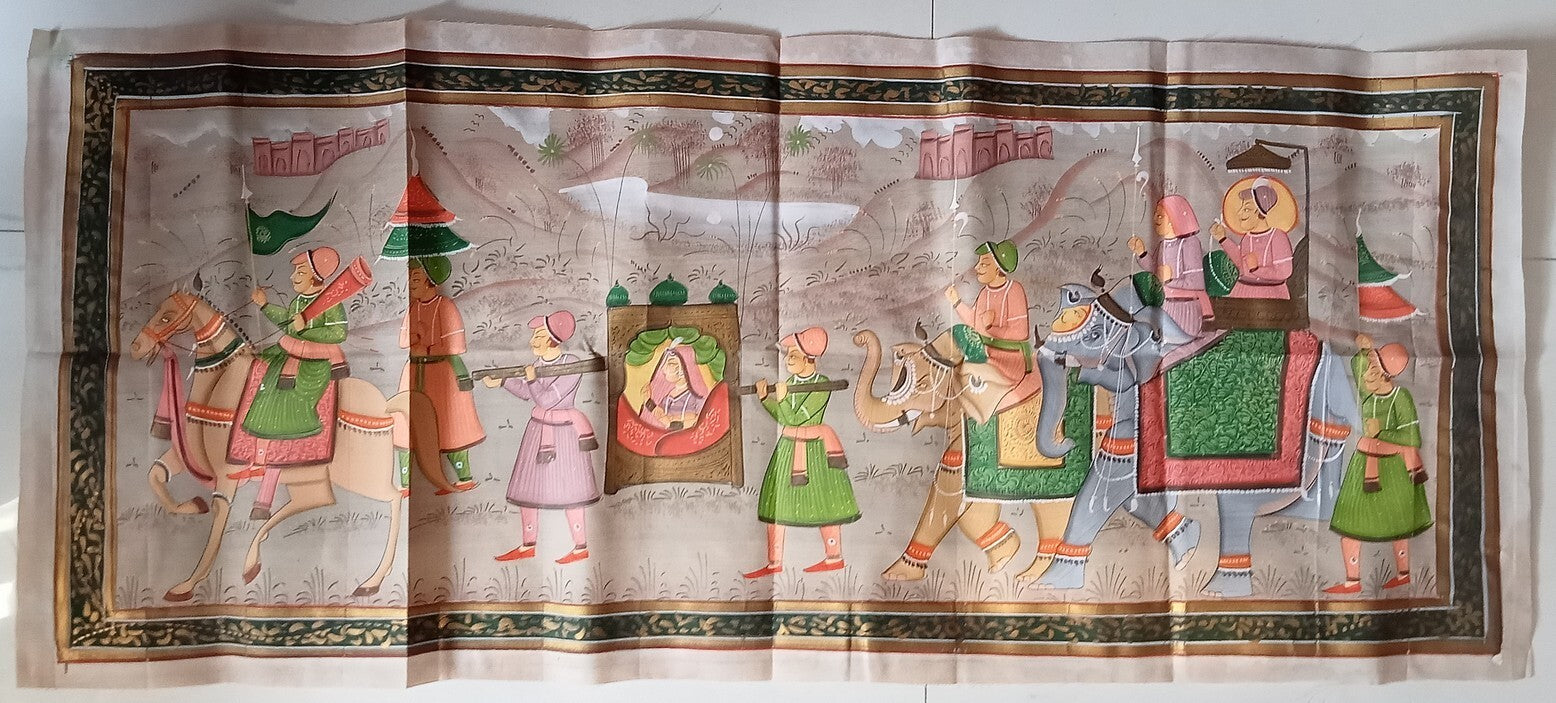 India vintage hand painting on cloth MUGHAL PAINTING 12 x 30 inches