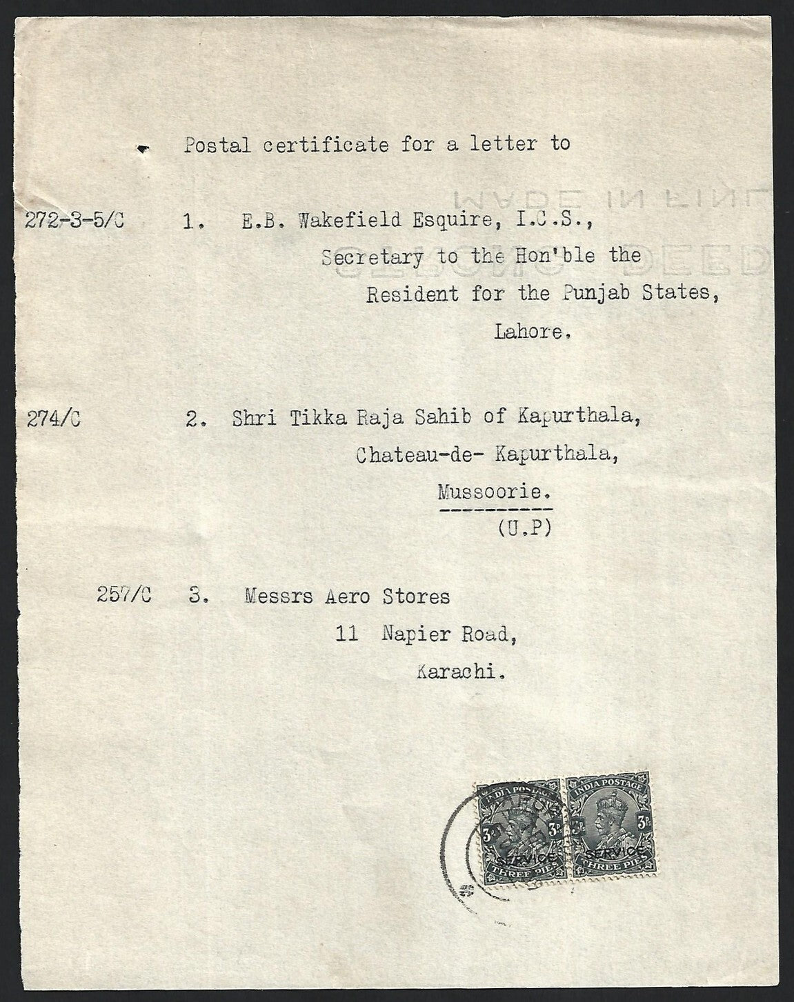 India 1939 certificate of posting for letters to Raja of Kapurthala & others