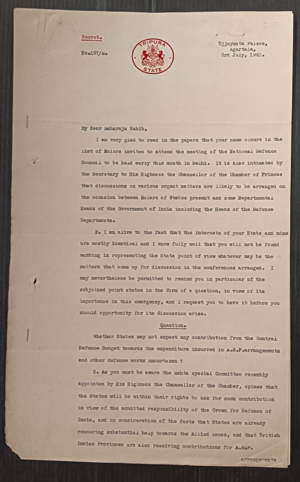 TRIPURA STATE India 1942 crested letter signed Bikram Kishore Manikya Deb Barman