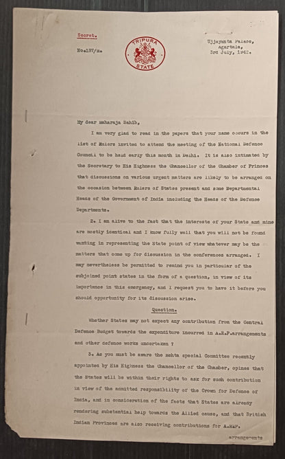 TRIPURA STATE India 1942 crested letter signed Bikram Kishore Manikya Deb Barman