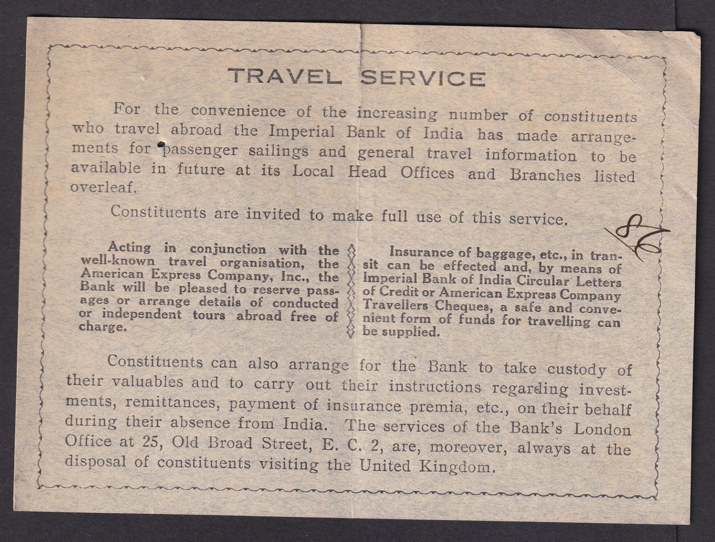 IMPERIAL BANK OF INDIA Ltravel Service advertisement card