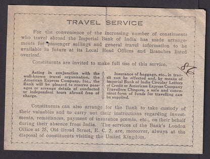 IMPERIAL BANK OF INDIA Ltravel Service advertisement card