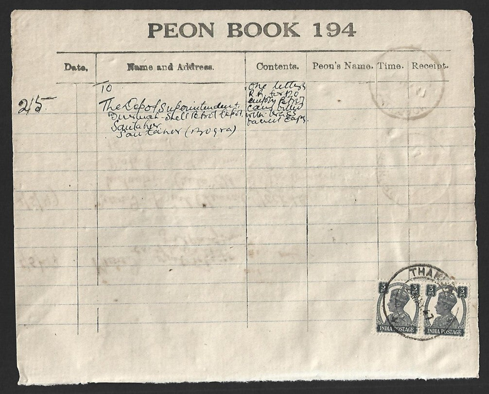 India KGVI 1/2a on PEON LIST canc THAKURGAON (Dinajpur) 1 MAY 47