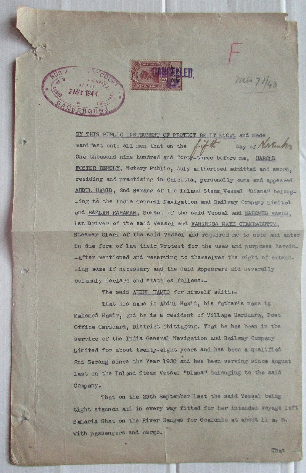 India 1943 Testimony about the Sinking of the Diana with High Court Notorial 2R
