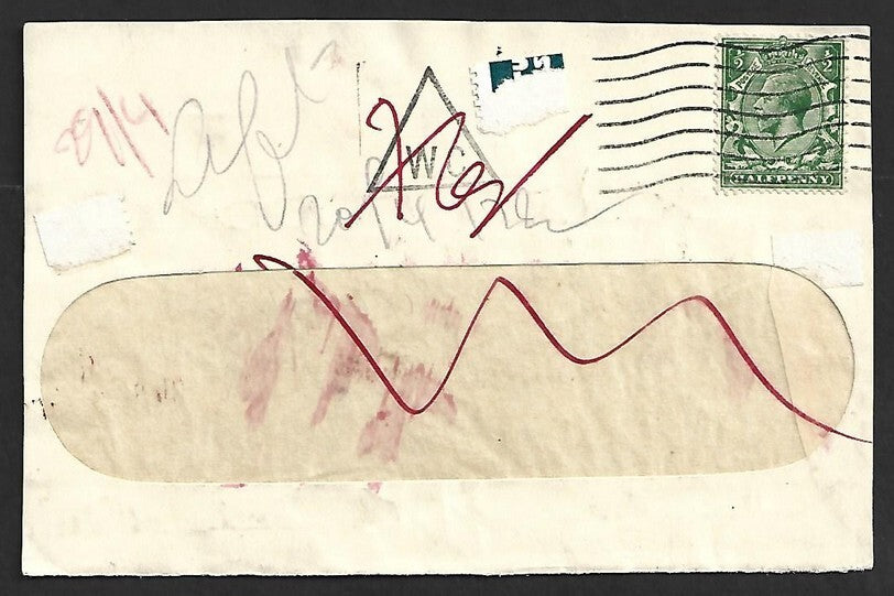 AOP India 1935 cover from UK with DLO/MADRAS/DSP DLO/BOMBAY & boxed PARTI/LEFT
