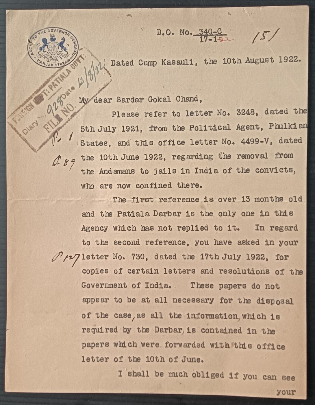 India 1922 letter - Removal of convicts from Andaman Island Jail to Patiala