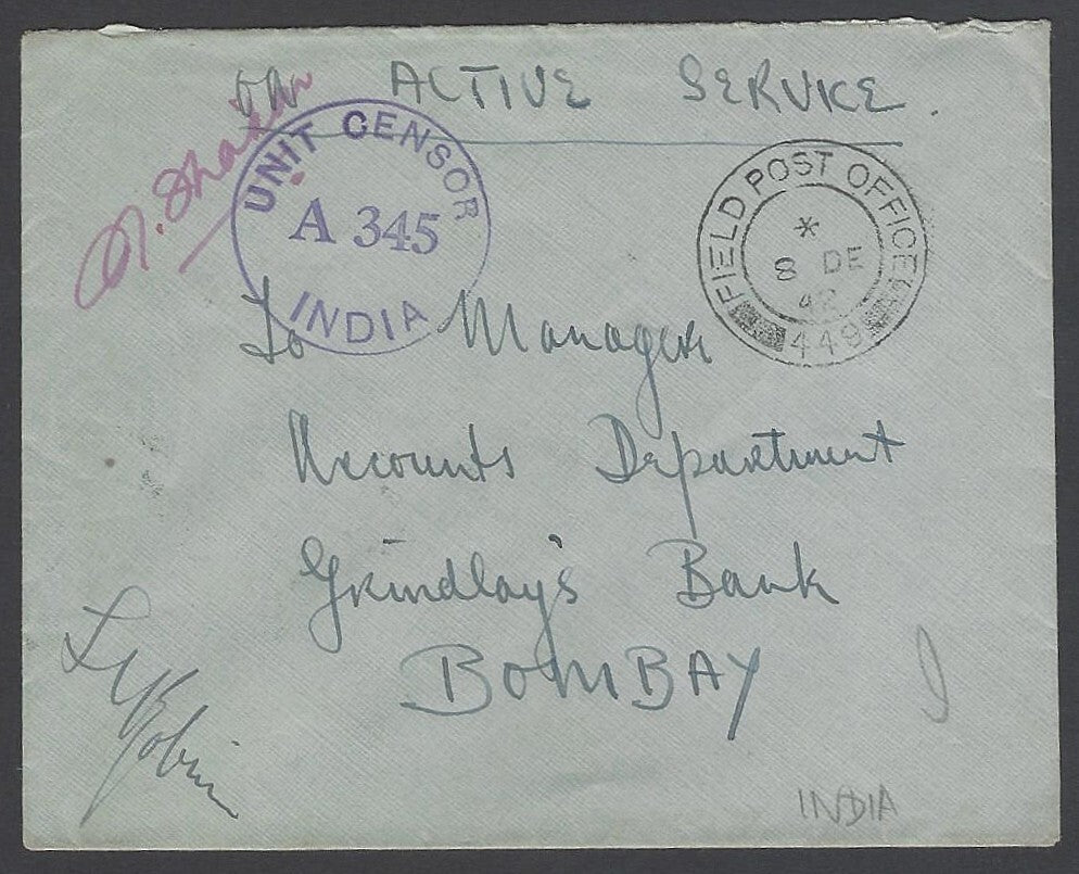 AOP India WW2 1944 On Active Service cover FPO 449 & Unit Censor A 345