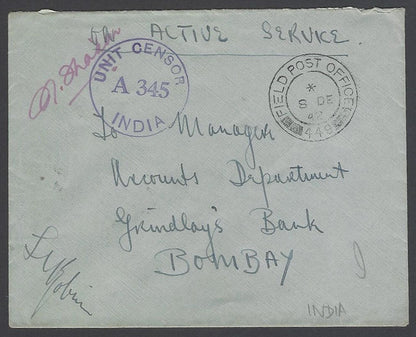 AOP India WW2 1944 On Active Service cover FPO 449 & Unit Censor A 345