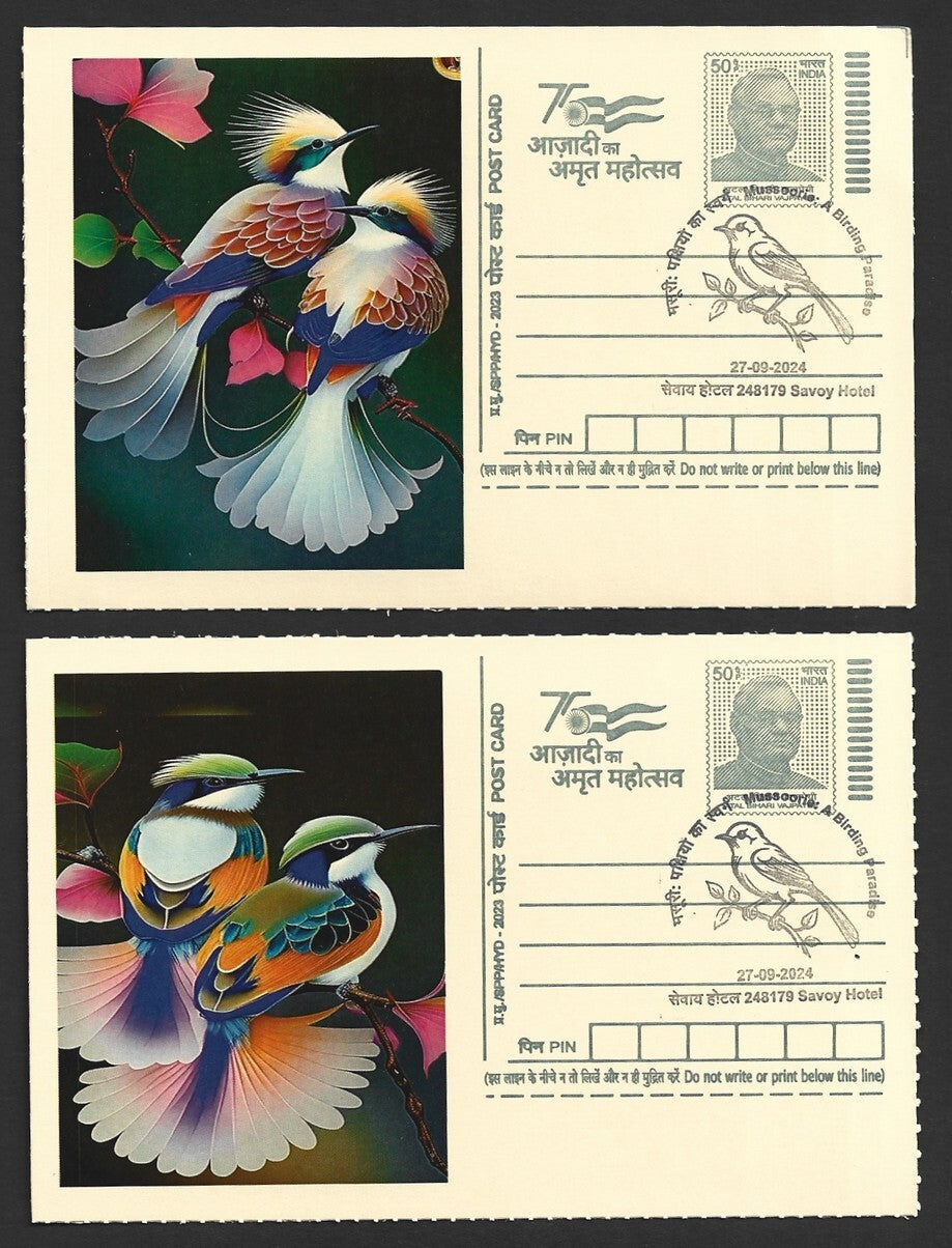 India 2024 Birding Paradise Savoy Hotel postmarks on cards BIRD PAINTINGS (10)
