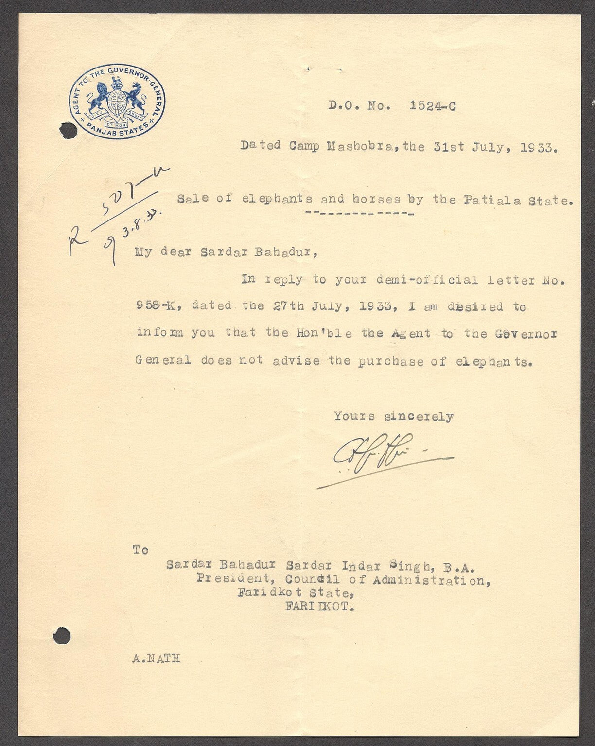 India 1933 crested letter AGENT TO THE GOVERNOR GENERAL / PANJAB STATES