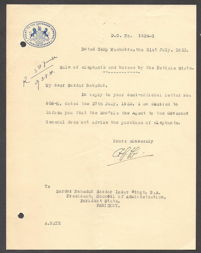 India 1933 crested letter AGENT TO THE GOVERNOR GENERAL / PANJAB STATES