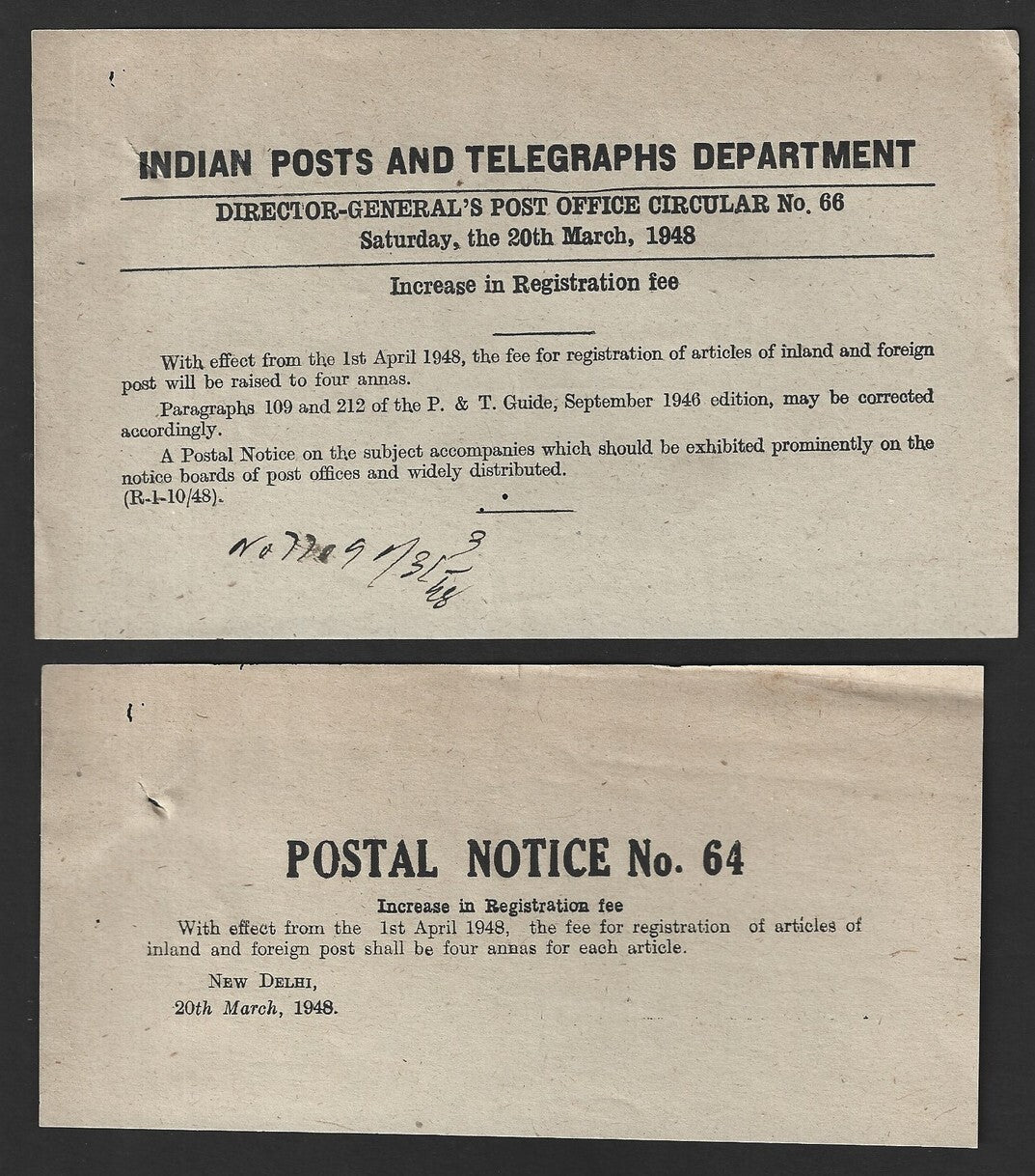 India POSTAL NOTICE #64 20 Mar 1948 Increase in Registration Fee + CIRCULAR #66